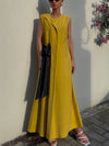 Loose Sleeveless Asymmetric Contrast Color Split-Side Tied Round-Neck Maxi Dresses