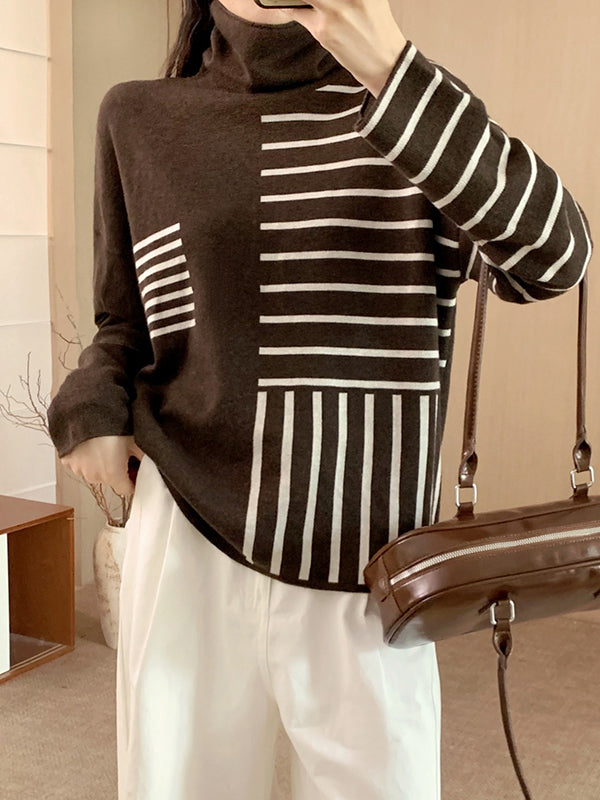 Long Sleeves Loose Contrast Color Striped High Neck Pullovers Sweater Tops