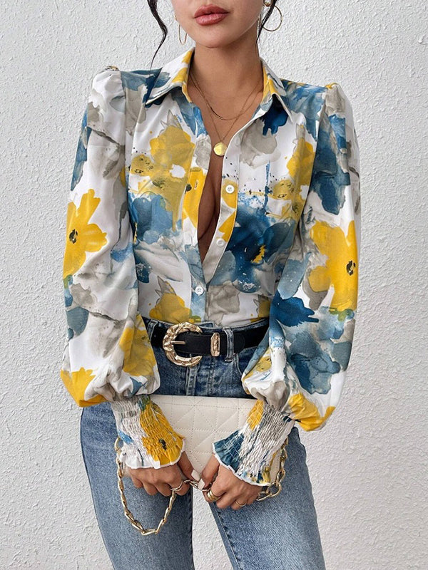 Long Sleeves Loose Buttoned Elasticity Flower Print Pleated Lapel Blouses&Shirts Tops