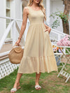 A-Line Loose Pleated Pockets Solid Color Split-Joint Round-Neck Midi Dresses