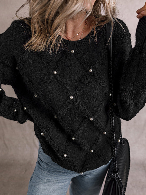 Long Sleeves Loose Beaded Round-Neck Pullovers Sweater Tops