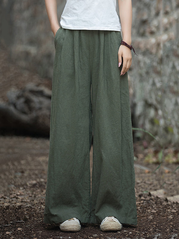 Loose Wide Leg Elasticity Pleated Pockets Solid Color Pants Trousers