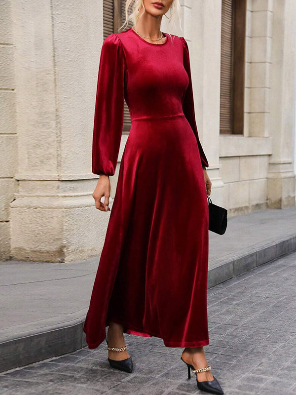 A-Line High Waisted Backless Elasticity Pleated Solid Color Tied Velvet Round-Neck Maxi Dresses