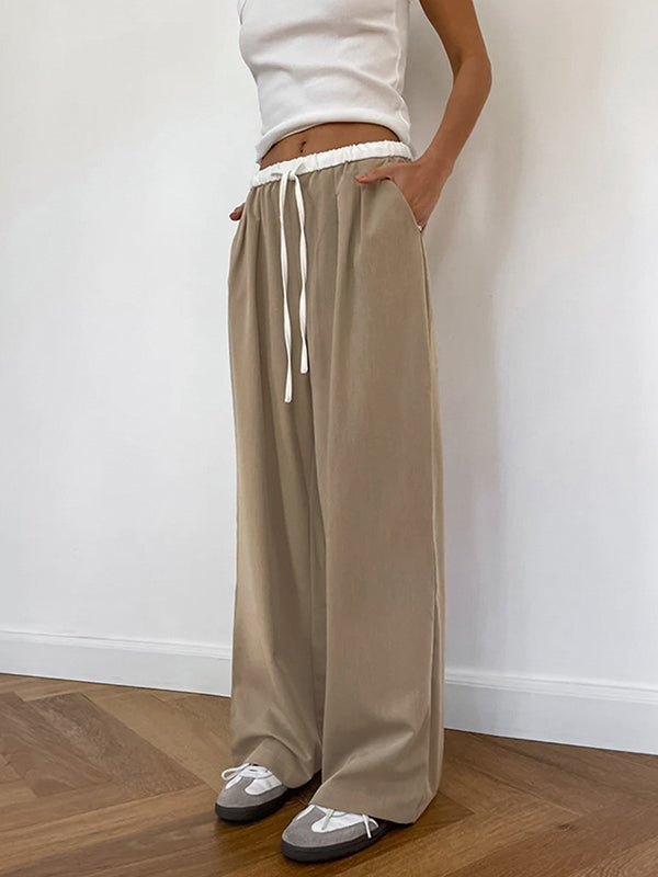 High Waisted Loose Contrast Color Drawstring Pockets Pants Trousers