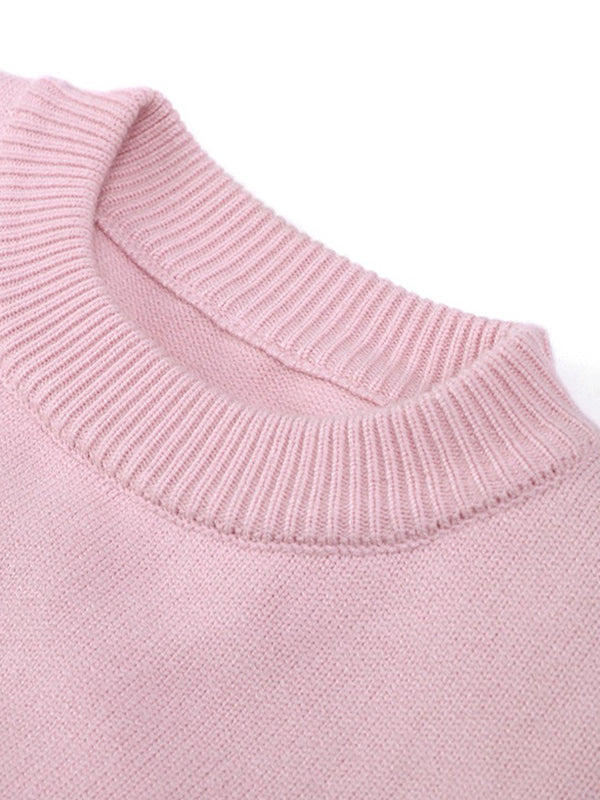 Long Sleeves Loose Solid Color Split-Joint Round-Neck Sweater Tops