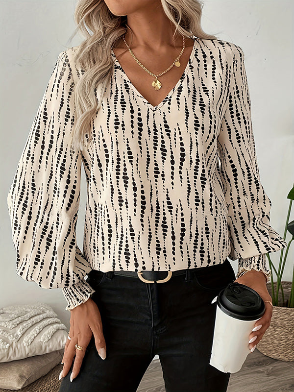 Loose Puff Sleeves Printed Split-Joint V-Neck Blouses&Shirts Tops