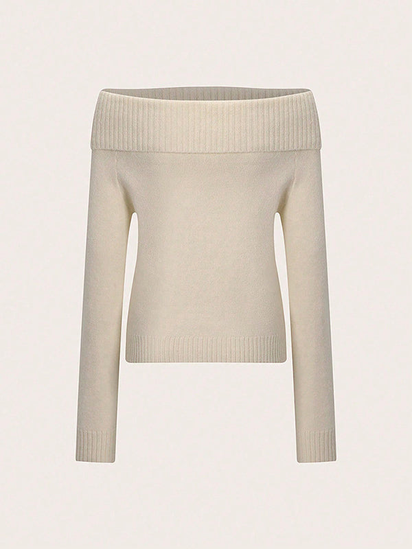 Long Sleeves Solid Color Off-The-Shoulder Pullovers Sweater Tops