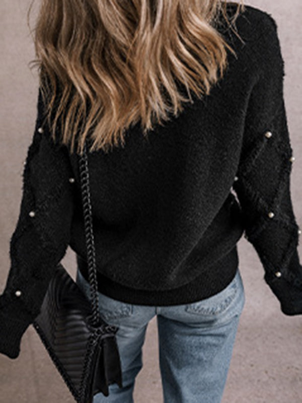 Long Sleeves Loose Beaded Round-Neck Pullovers Sweater Tops