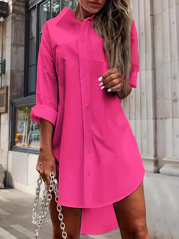 High-Low Long Sleeves Solid Color Split-Side Lapel Mini Dresses Shirt Dress