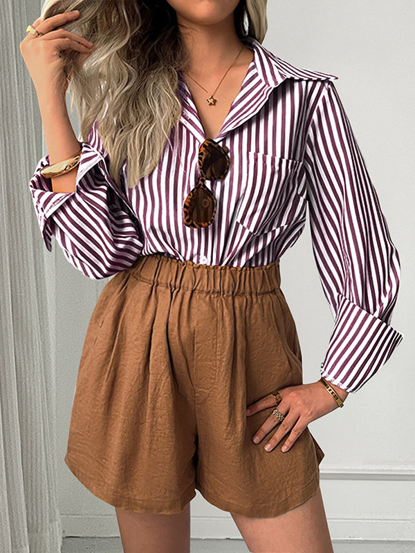 Long Sleeves Loose Buttoned Contrast Color Pockets Striped Lapel Blouses&Shirts Tops