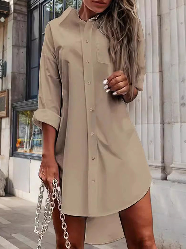 High-Low Long Sleeves Solid Color Split-Side Lapel Mini Dresses Shirt Dress