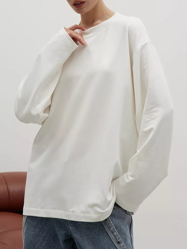 Long Sleeves Loose Solid Color Round-Neck T-Shirts Tops