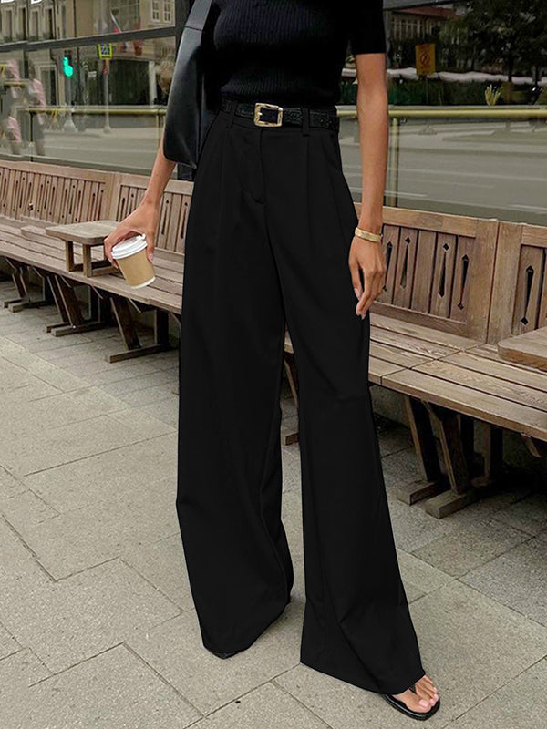 High Waisted Loose No Belt Pleated Pockets Solid Color Suit Pants Trousers