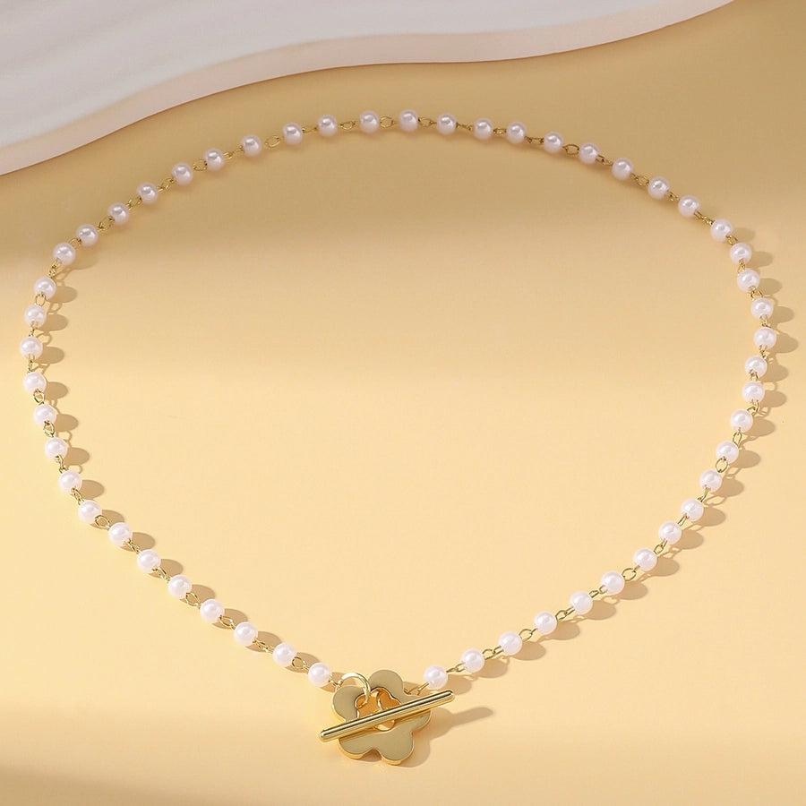 1 Fashion Stainless Steel Imitation Pearl Plumeria Rubra Necklace Suitable for Women's Daily Wear