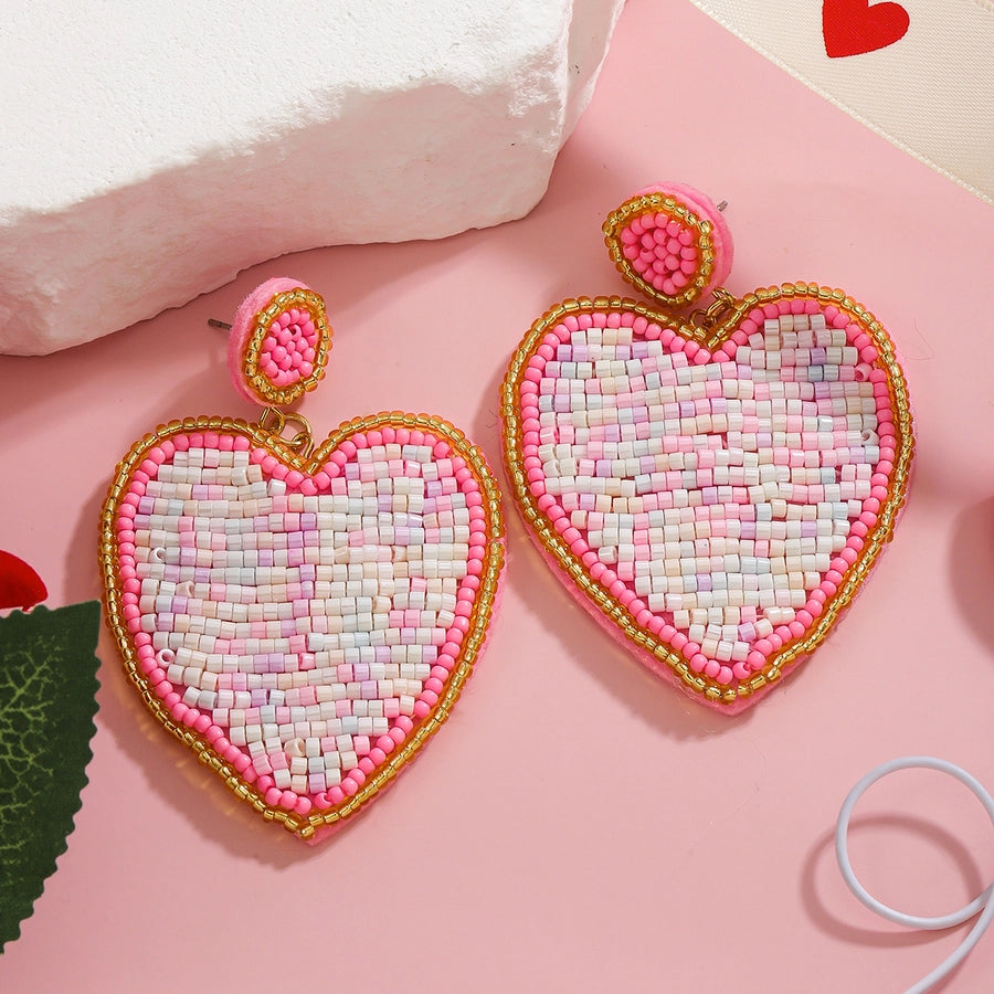 1 Pair Cute Romantic Sweet Heart Shape Beaded Cloth Drop Earrings