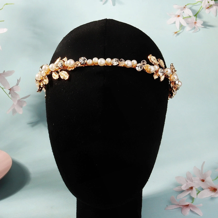 Women's Elegant Luxurious Leaf Alloy Inlay Imitation Pearl Rhinestones Hair Band