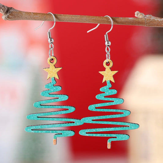 1 Pair Cute Retro Christmas Tree Wood Earrings