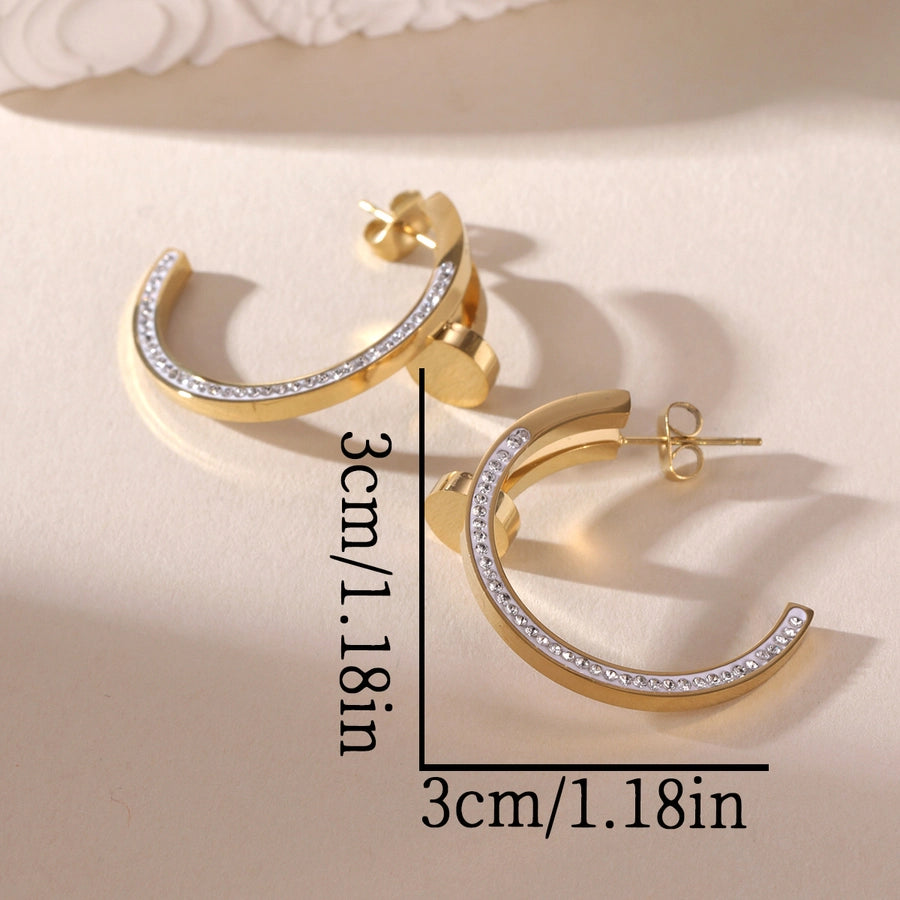 A Pair of Exaggerated 18K Real Gold Stainless Steel Zircon C- Shaped Ear Ring