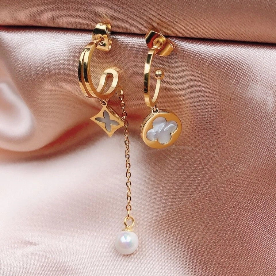 1 Pair Elegant Simple Style Commute Four Leaf Clover Inlay 304 Stainless Steel Acrylic Imitation Pearl 18K Gold Plated Ear Studs