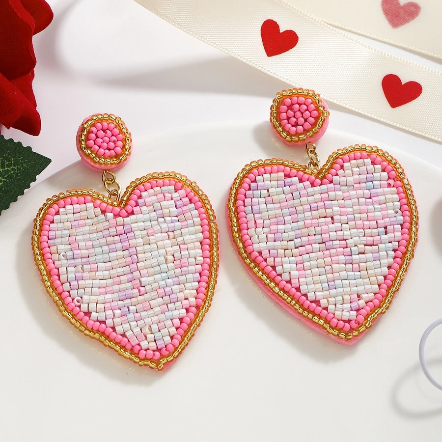 1 Pair Cute Romantic Sweet Heart Shape Beaded Cloth Drop Earrings