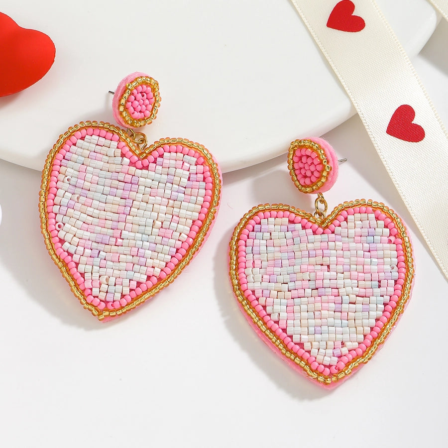 1 Pair Cute Romantic Sweet Heart Shape Beaded Cloth Drop Earrings