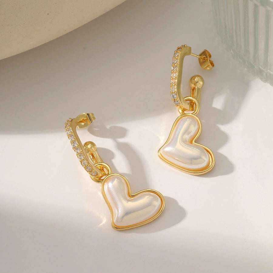 1 Pair Elegant Heart Shape Plating Inlay Copper Imitation Pearl Zircon 18K Gold Plated Drop Earrings Ear Studs