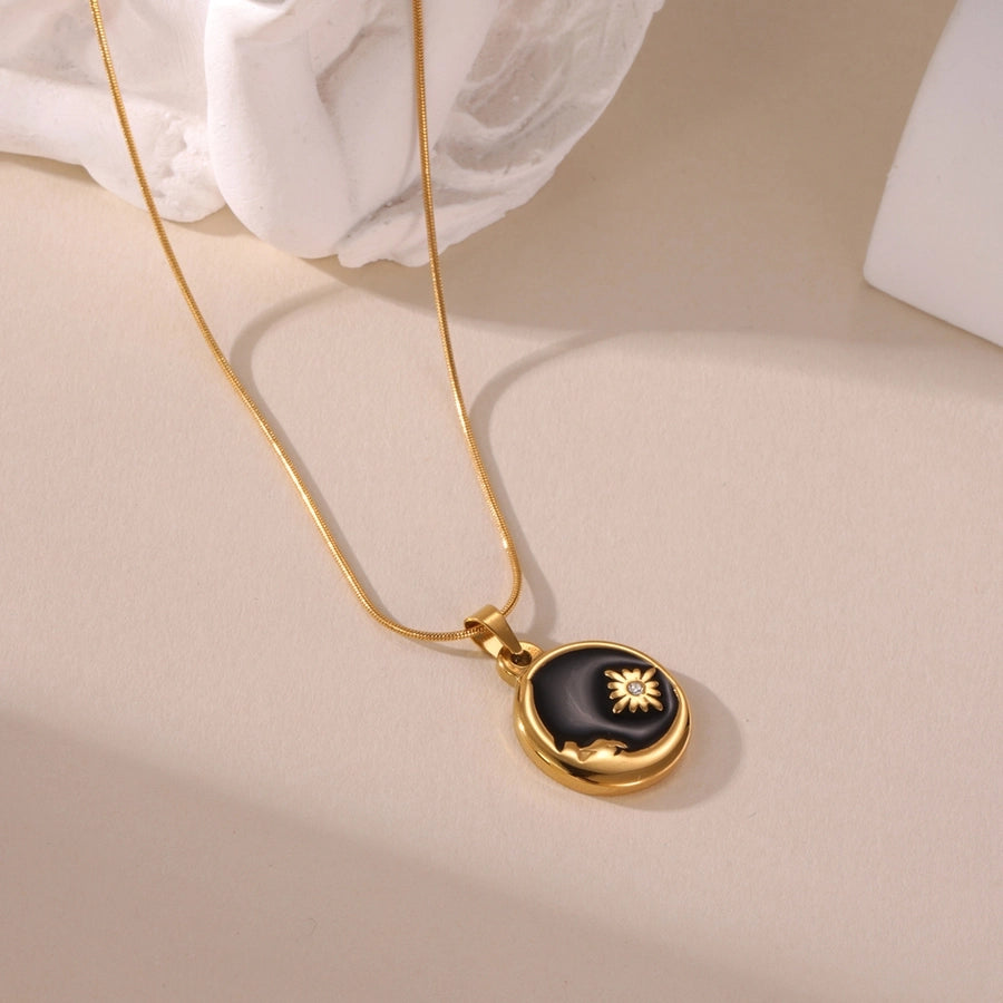 1 18K Real Gold Stainless Steel Black Dripping Star Moon Disc Necklace Chain Clavicle Chain Women's Daily Wear