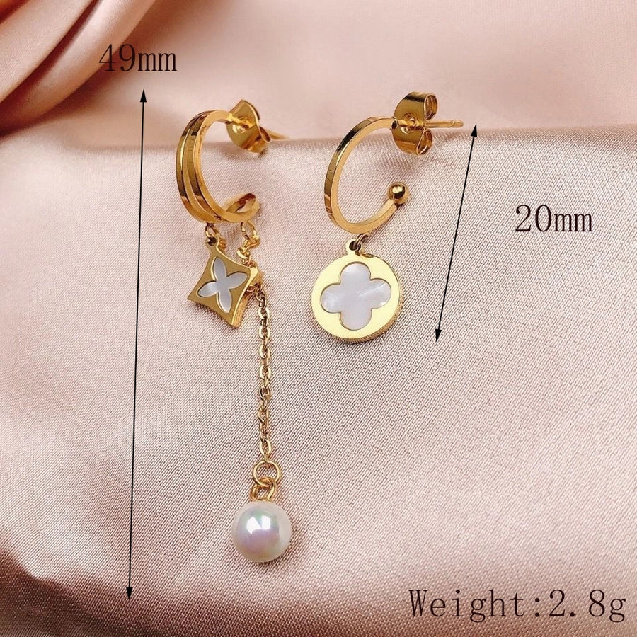 1 Pair Elegant Simple Style Commute Four Leaf Clover Inlay 304 Stainless Steel Acrylic Imitation Pearl 18K Gold Plated Ear Studs