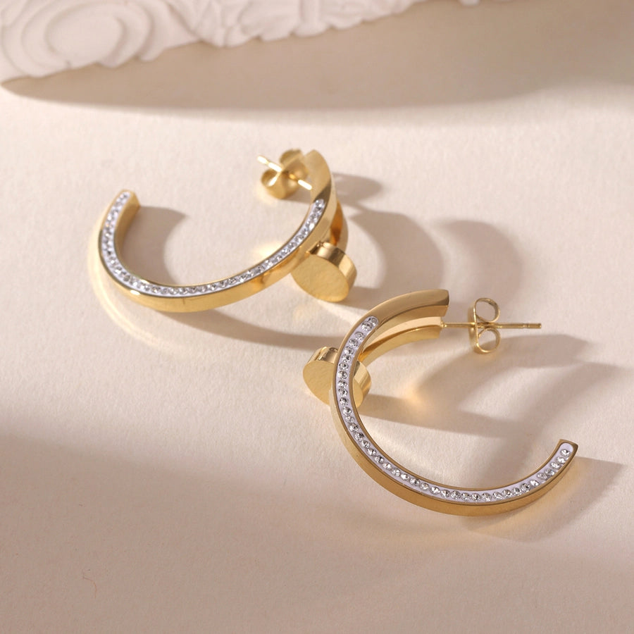 A Pair of Exaggerated 18K Real Gold Stainless Steel Zircon C- Shaped Ear Ring