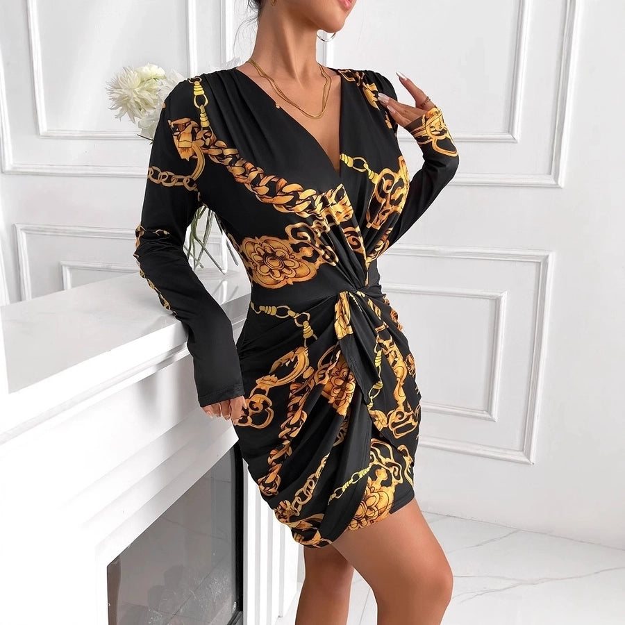 Women's Sheath Dress Vintage Style V Neck Zipper Long Sleeve chain Above Knee Travel