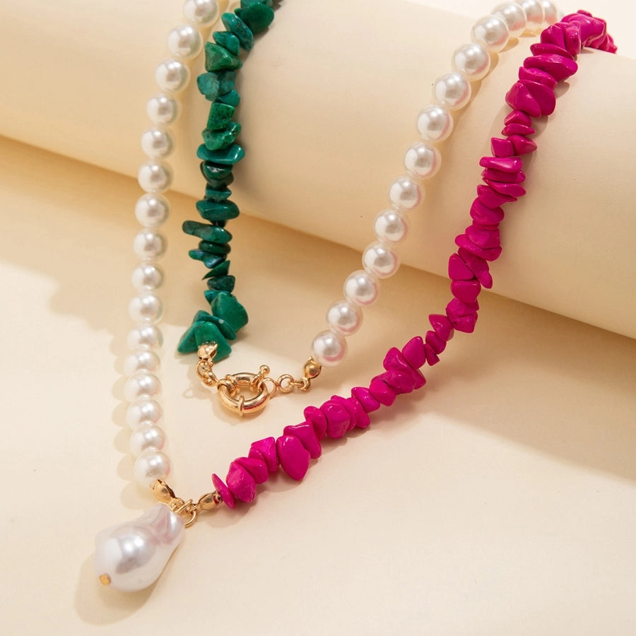 Retro Vacation Geometric Imitation Turquoise Imitation Pearl Alloy Beaded Chain Layered Necklaces