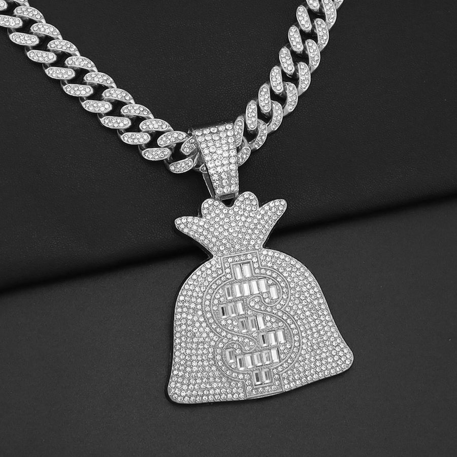 Cool Large Diamond Dollar Symbol Purse Pendant Necklace Diamond-Embedded Hip Hop Men's Cool Punk Necklace Pendant