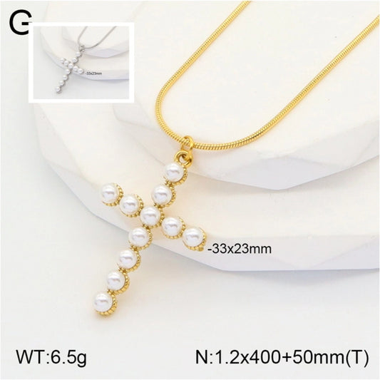 Jewelry Casual Vintage Style Classic Style Cross 304 Stainless Steel Artificial Pearls 18K Gold Plated Inlay Pendant Necklace