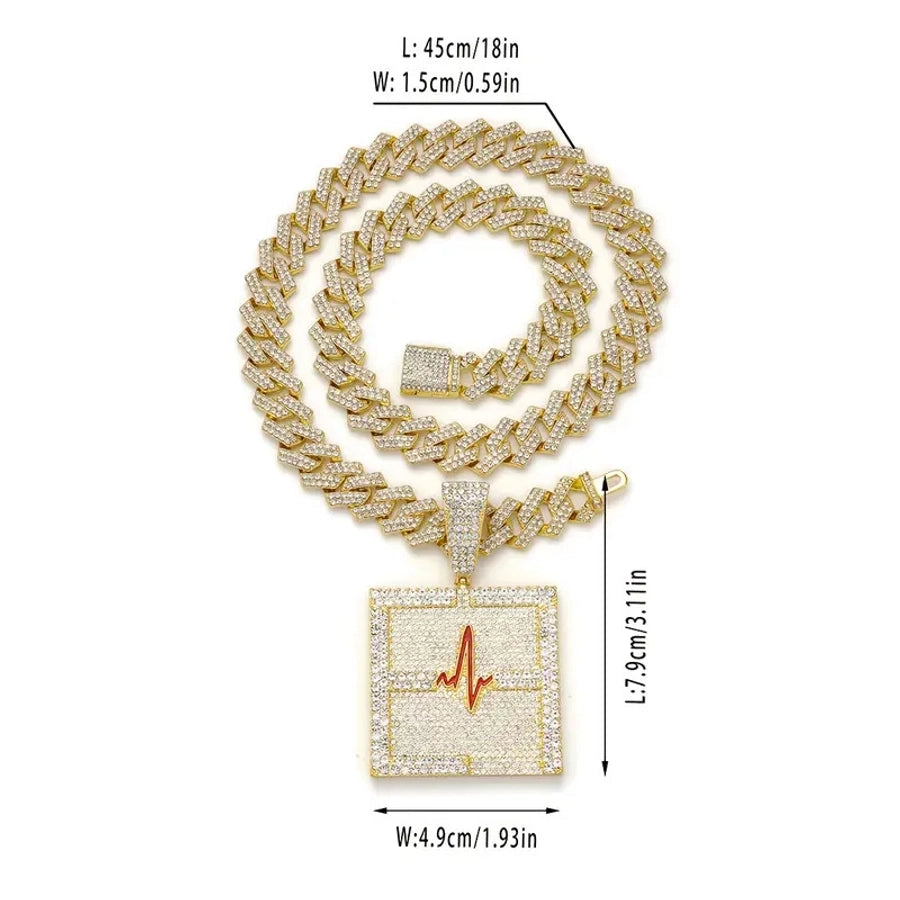 Cross-Border New Arrival European and American Hip Hop Style Dripping Oil Full Diamond Heartbeat Pulse Pendant Necklace High Quality Men's Cuban Link Chain