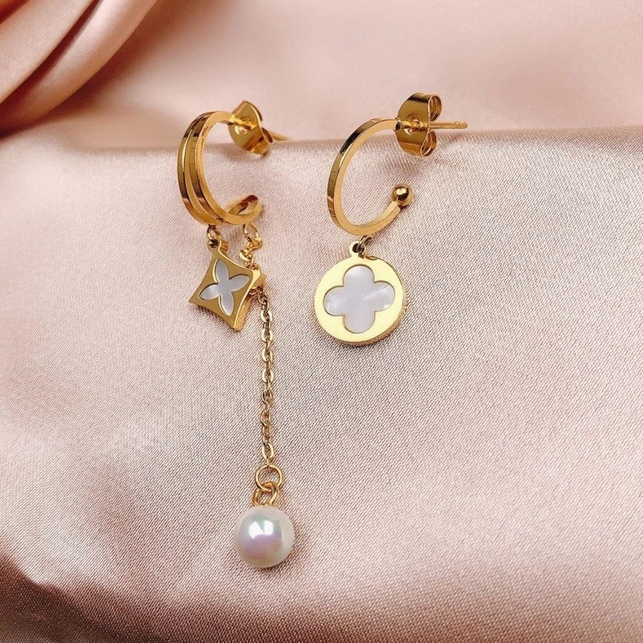 1 Pair Elegant Simple Style Commute Four Leaf Clover Inlay 304 Stainless Steel Acrylic Imitation Pearl 18K Gold Plated Ear Studs