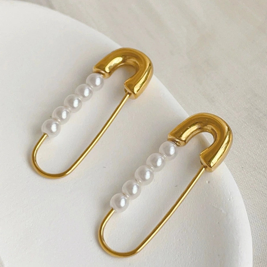 1 Pair Elegant Formal Romantic Paper Clip Inlay 304 Stainless Steel Imitation Pearl 18K Gold Plated Earrings