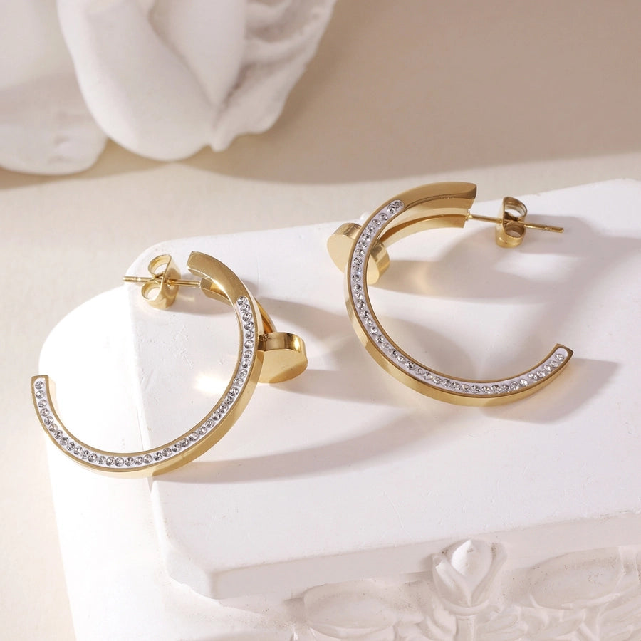 A Pair of Exaggerated 18K Real Gold Stainless Steel Zircon C- Shaped Ear Ring