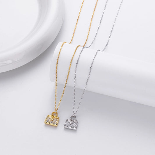 925 Sterling Silver Rack Plated Plated Long-Lasting Plated Zircon cable chain Inlay Bag Pendant Necklace