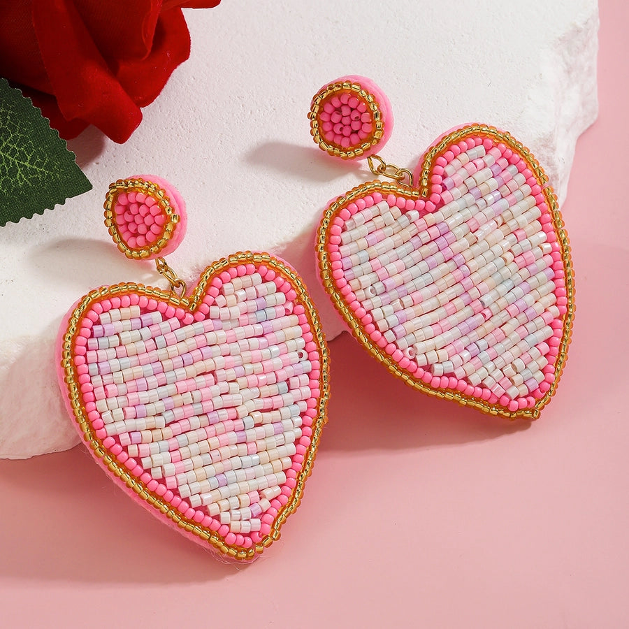 1 Pair Cute Romantic Sweet Heart Shape Beaded Cloth Drop Earrings