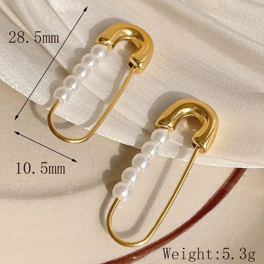 1 Pair Elegant Formal Romantic Paper Clip Inlay 304 Stainless Steel Imitation Pearl 18K Gold Plated Earrings