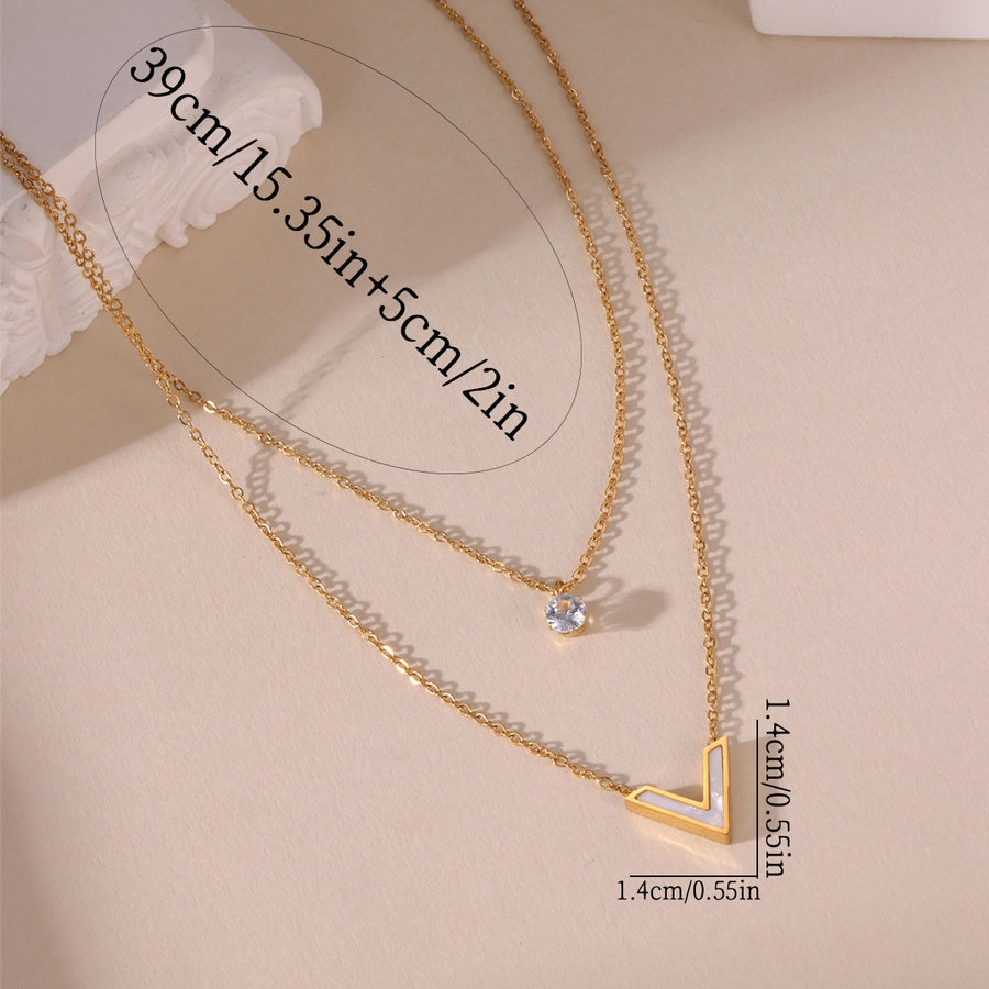 1 Elegant 18K Real Gold Stainless Steel Multi-Layer Zircon V-Shaped Shell Pendant Necklace for Women Daily Necklace