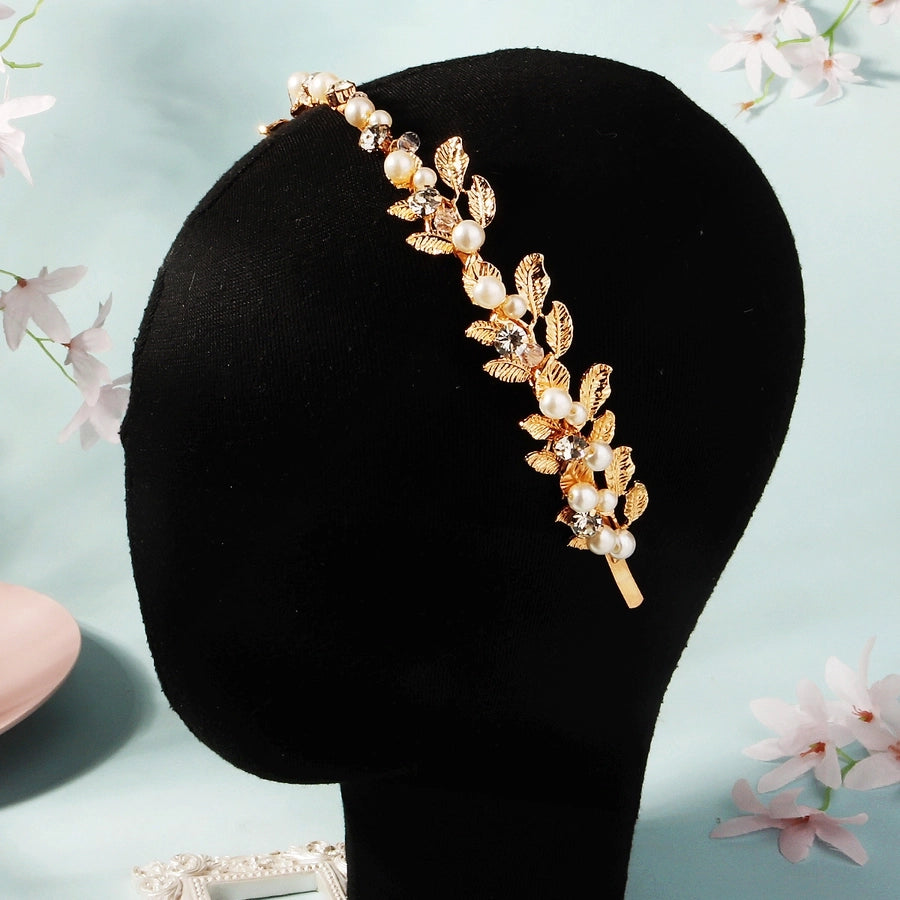 Women's Elegant Luxurious Leaf Alloy Inlay Imitation Pearl Rhinestones Hair Band