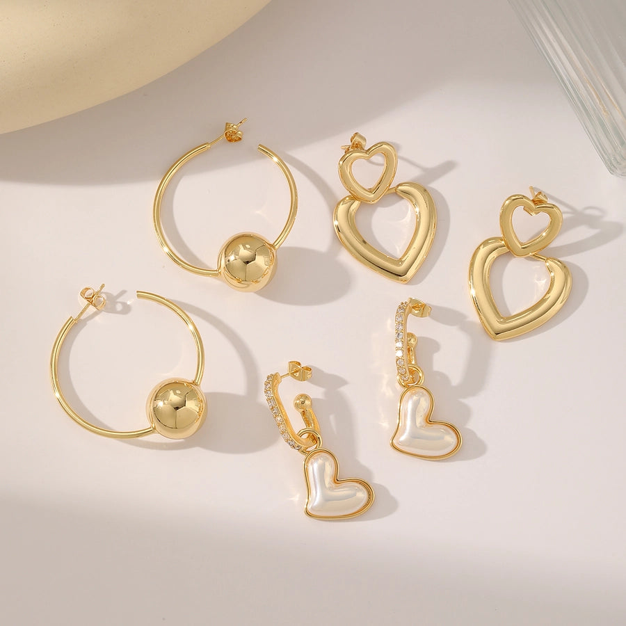 1 Pair Elegant Heart Shape Plating Inlay Copper Imitation Pearl Zircon 18K Gold Plated Drop Earrings Ear Studs