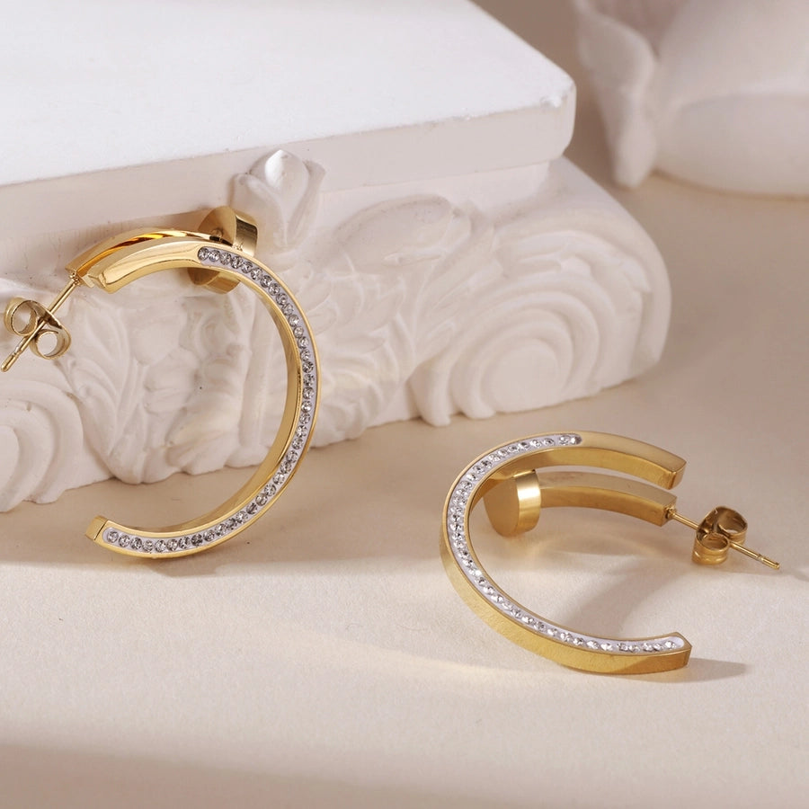 A Pair of Exaggerated 18K Real Gold Stainless Steel Zircon C- Shaped Ear Ring