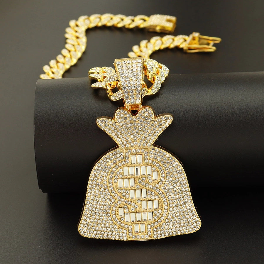 Cool Large Diamond Dollar Symbol Purse Pendant Necklace Diamond-Embedded Hip Hop Men's Cool Punk Necklace Pendant