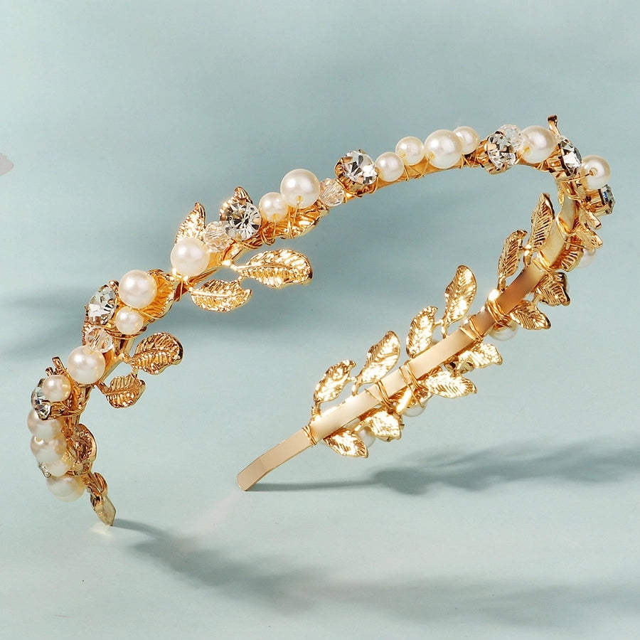 Women's Elegant Luxurious Leaf Alloy Inlay Imitation Pearl Rhinestones Hair Band