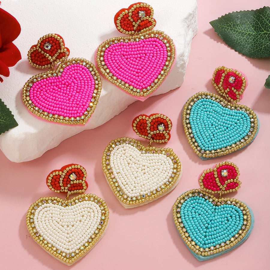 1 Pair Cute Streetwear Commute Heart Shape Cloth Rhinestone Drop Earrings