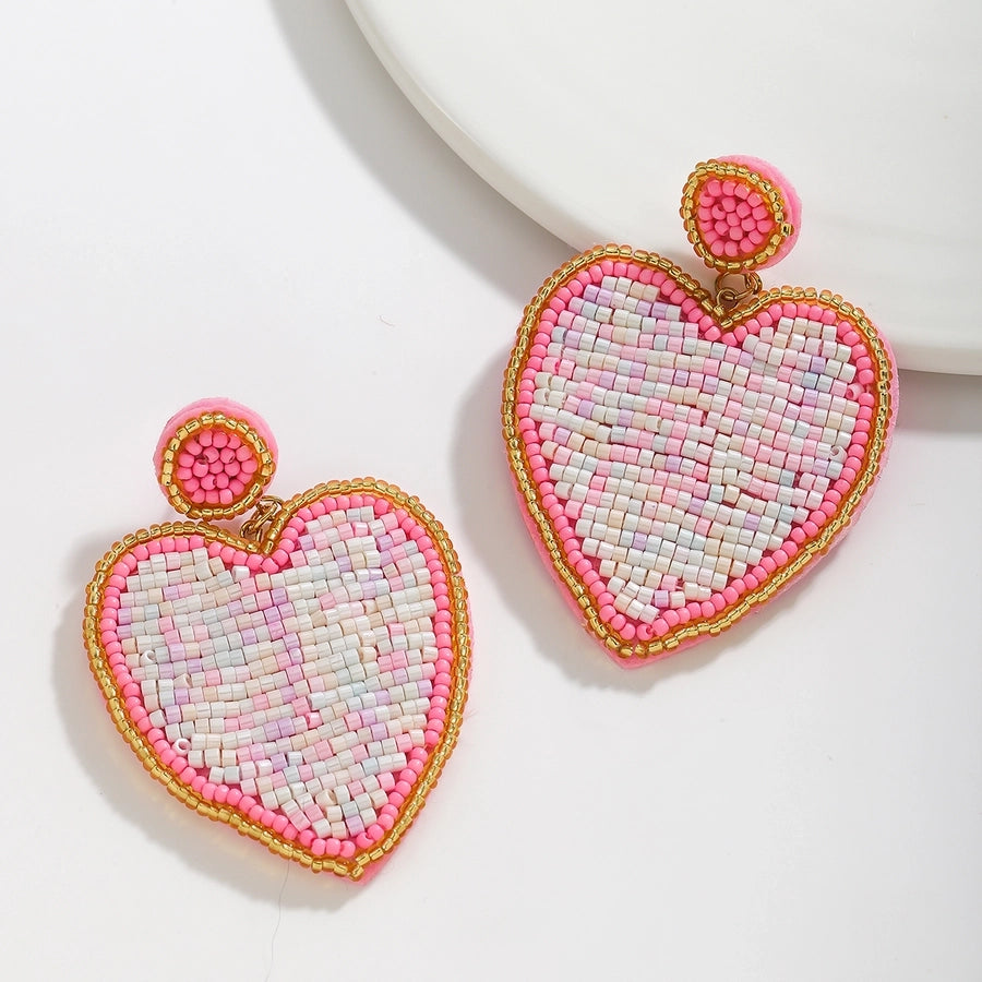 1 Pair Cute Romantic Sweet Heart Shape Beaded Cloth Drop Earrings