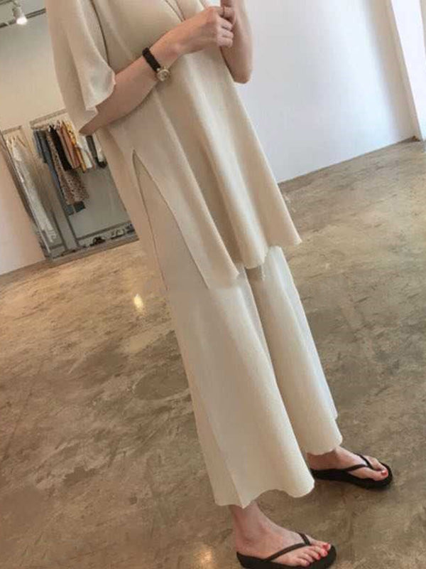 Casual Solid Color Split-Side Round-Neck Half Sleeves T-Shirt+Wide Leg Pants 2 Pieces Set