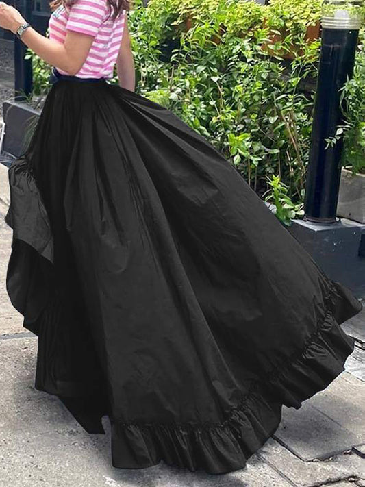 Stylish Solid Color Falbala Pleated Elasticity High-Low Long Skirt